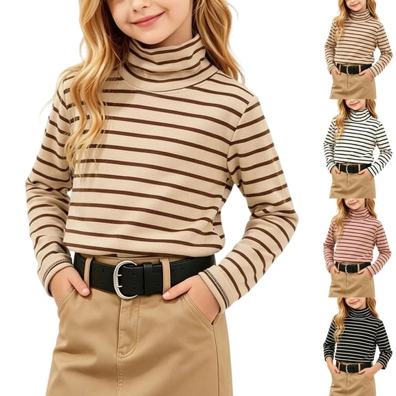 Spazoro Girls Turtleneck Long Sleeve T-Shirts, Relaxed Fit Striped Long Sleeve Stretchy Warm Casual Base Layer Tee Beige Size 7-8