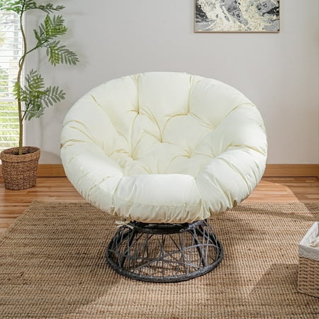 Naomi Home Barcelona Oversized Swivel Lounge Chair with Tufted Cushion, 360° Swivel, PE Rattan & Steel Frame, Indoor/Outdoor, Cream