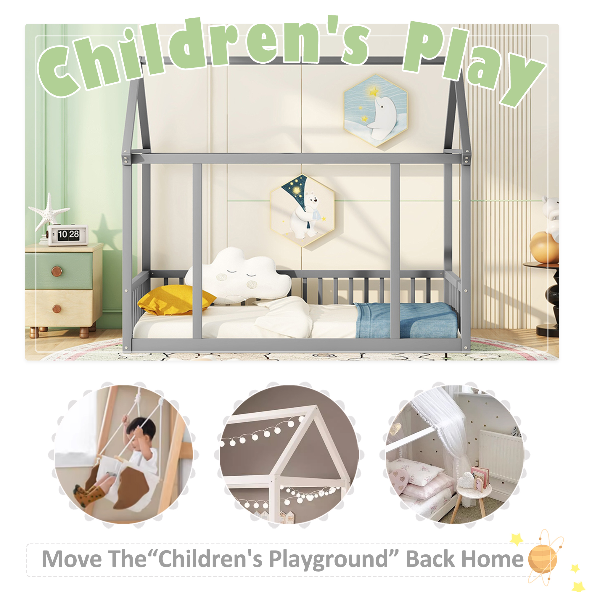 Bellemave Twin Size Wood House-Shaped Floor Bed with Fence, Guardrails, Montessori Floor Bed House Bed Frame with Roof (Twin, Gray)