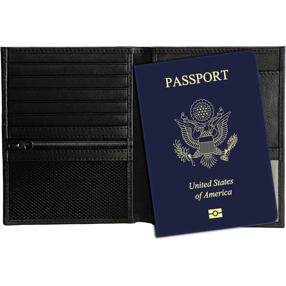 Black RFID Blocking Genuine Leather Travel Passport Wallet Holder