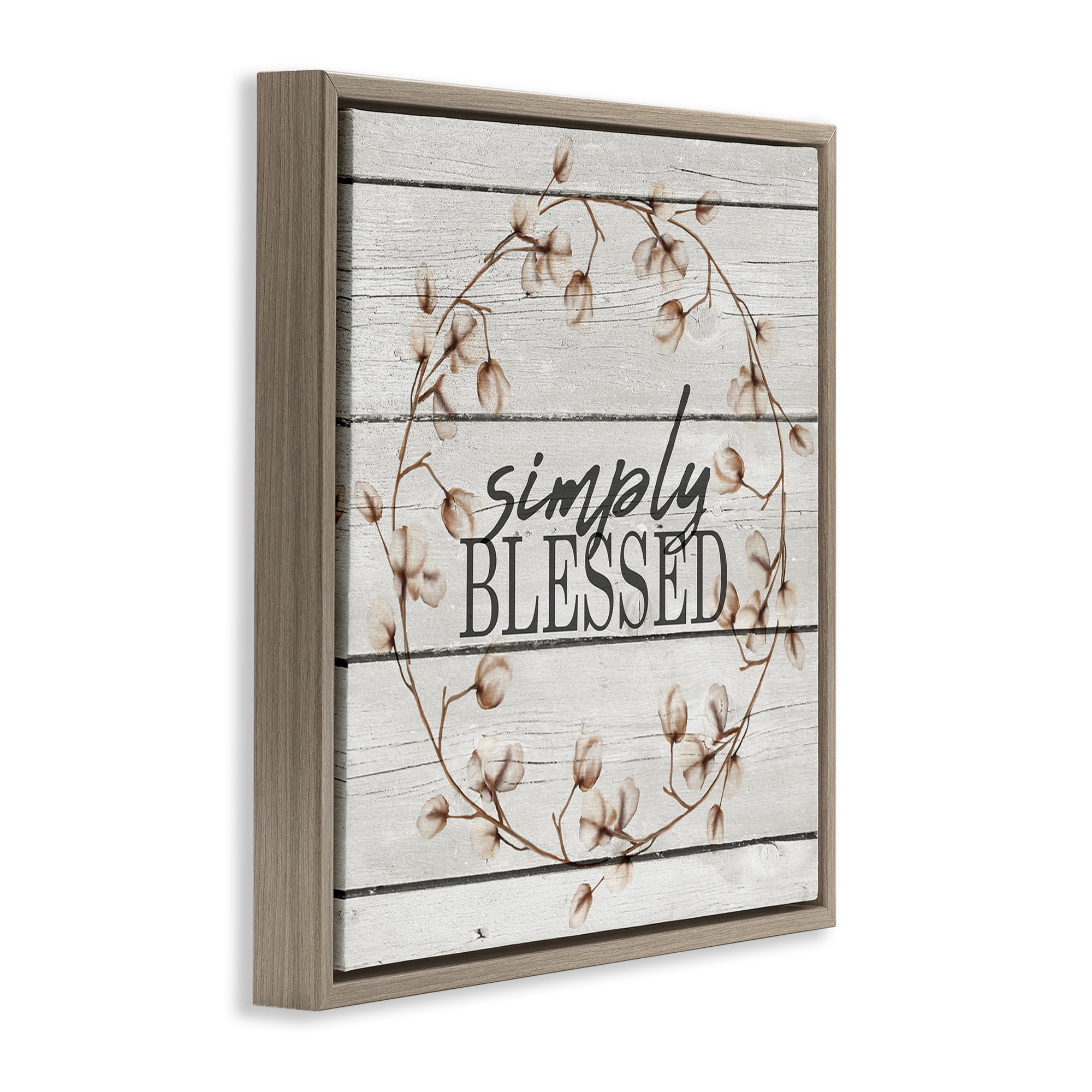Stupell Industries Simply Blessed Rustic Wreath Botanical & Floral Painting Brown Floater Framed Canvas Art Print Wall Art, 25 x 25