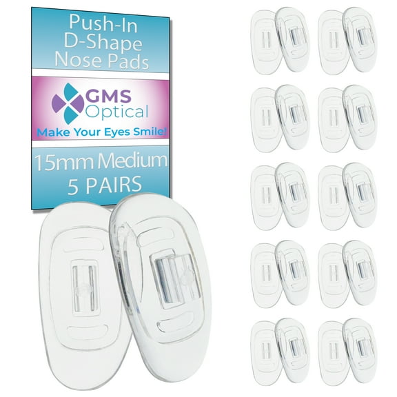 GMS Optical Push-In D Shape Silicone Nose Pads – 15mm Medium Length / 5mm Narrow Width – Soft Anti-Slip Eyeglass Nose Pads for Glasses & Sunglasses (10 Pair, Clear)