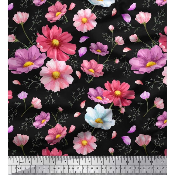 Soimoi Black Cotton Duck Fabric Mignon Dahlia Floral Print Fabric by the Yard 42 Inch Wide