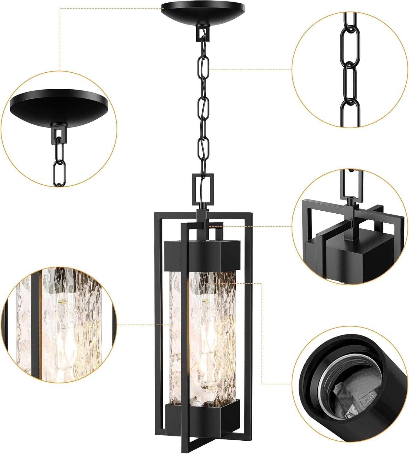 Modern Outdoor Indoor Pendant Light Fixture, Rustproof Chandelier Lighting Exterior with Water Glass for Porch, Garage, Gazebo, Patio (Bulb Included)