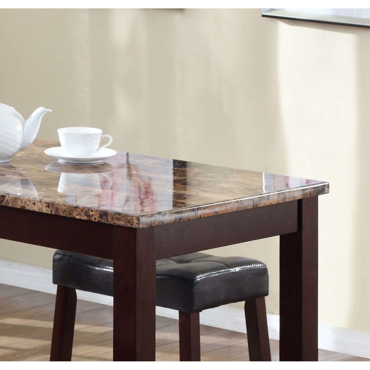 3-Piece Counter Height Glossy Print Marble Breakfast Table with Stools
