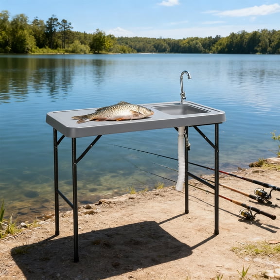 Folding Portable Grey Fish Fillet Table with Sink Faucet for Outdoor Use