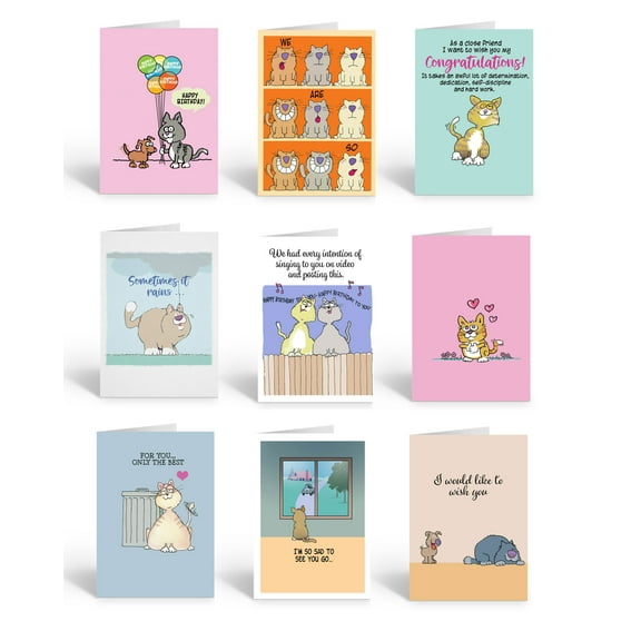 Variety of Cute Cat Themed Greeting Cards - 9 Cards with Envelopes - Cat - 746
