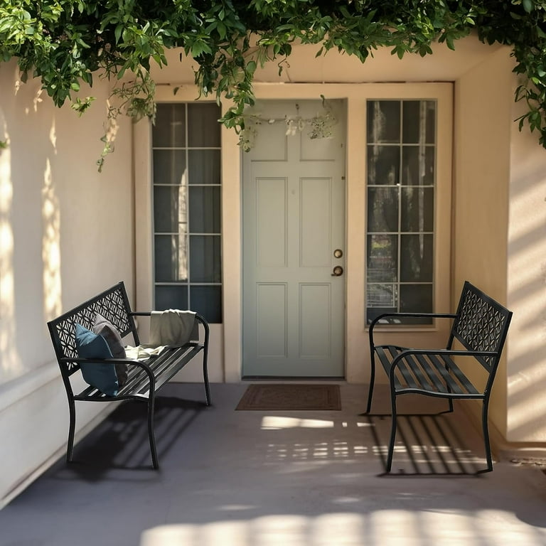 VINGLI 2-3 People Outdoor Bench, Waterproof Metal, Floral Back