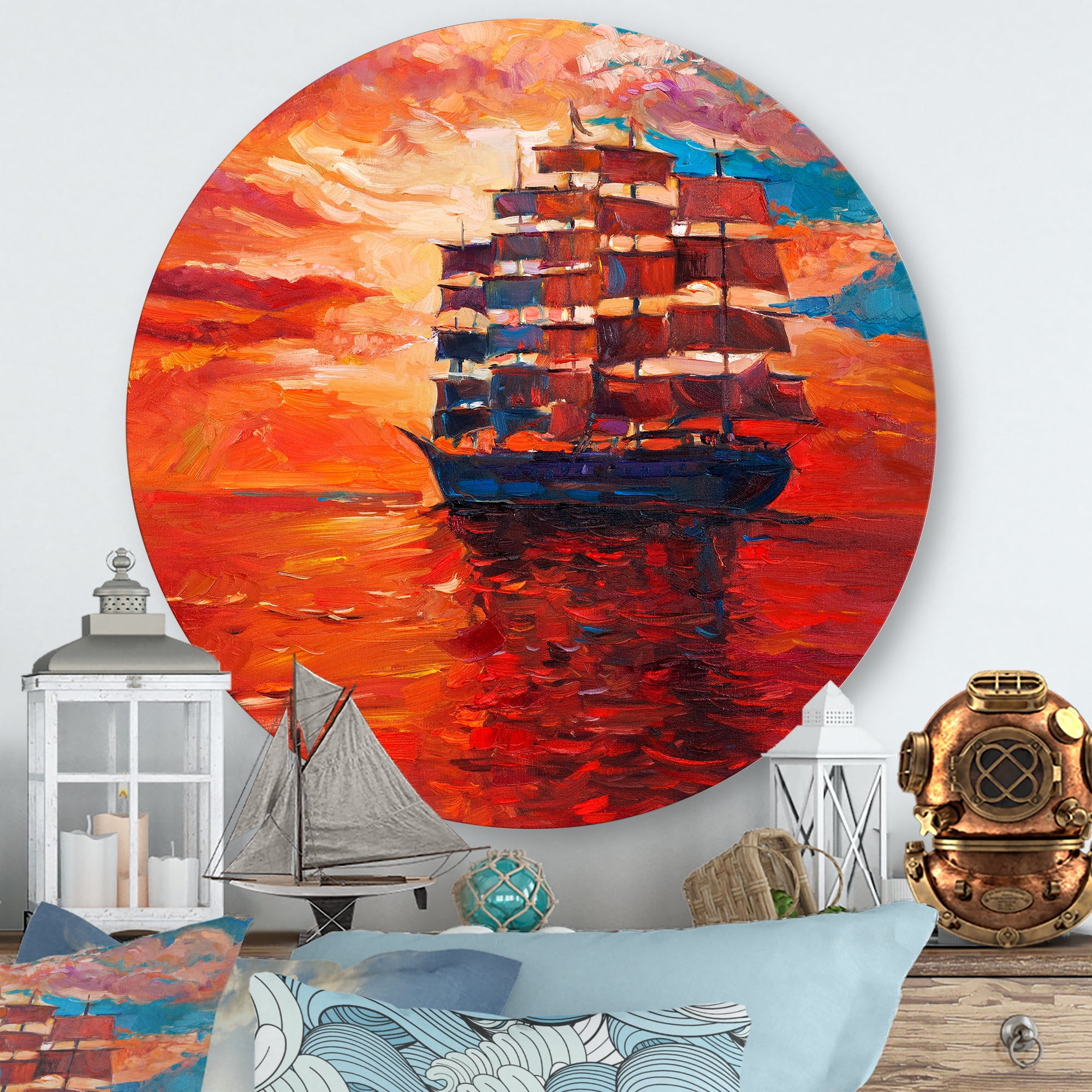 Designart 'Frigat During Red Evening Glow On The Ocean Horizon' Nautical & Coastal Circle Metal Wall Art 23x23 - Disc of 23