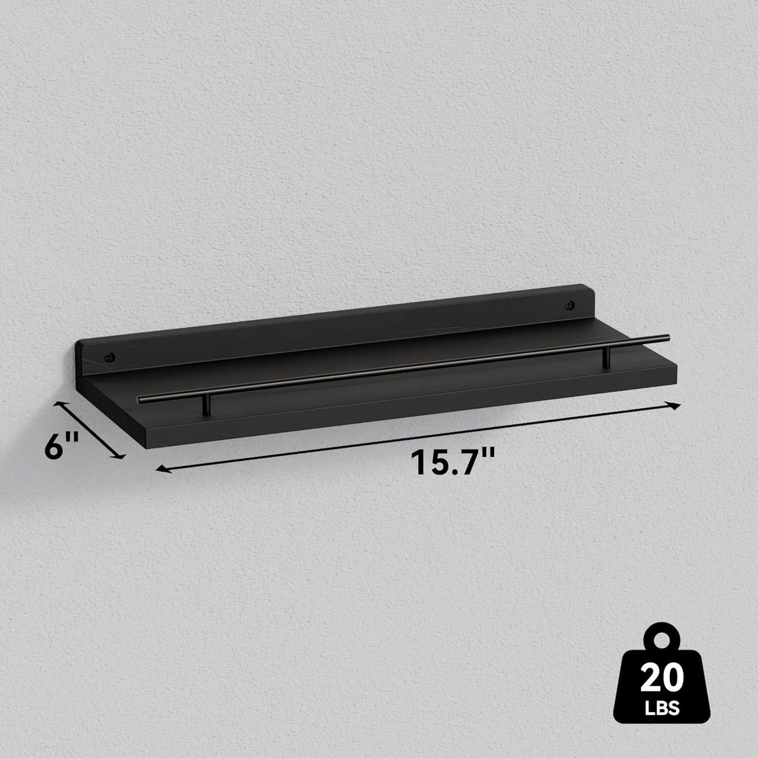 3-Piece Set Floating Shelving Unit With Black Metal Railing, Suitable For Bedrooms, Bathrooms, Kitchens, Living Rooms, Black