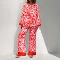 thumbnail image 2 of Wang6 Women's Satin Silk Pajamas Sets Soft 2 Piece Long Sleeve Pjs Sets V Neck Button Shirts Wide Leg Pants Ladies Loose Fit Floral Printed Sleepwear Lounge Sets Red L, 2 of 7