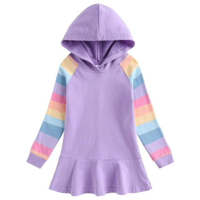 Odeerbi Niñas Sudaderas Con Capucha Vestido Plisado Sudadera de Algodón Vestido Rayas Arco Iris Manga Larga Vestido Suelto