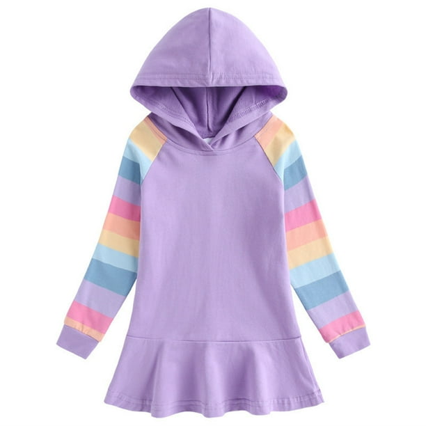 Odeerbi Niñas Sudaderas Con Capucha Vestido Plisado Sudadera de Algodón Vestido Rayas Arco Iris Manga Larga Vestido Suelto