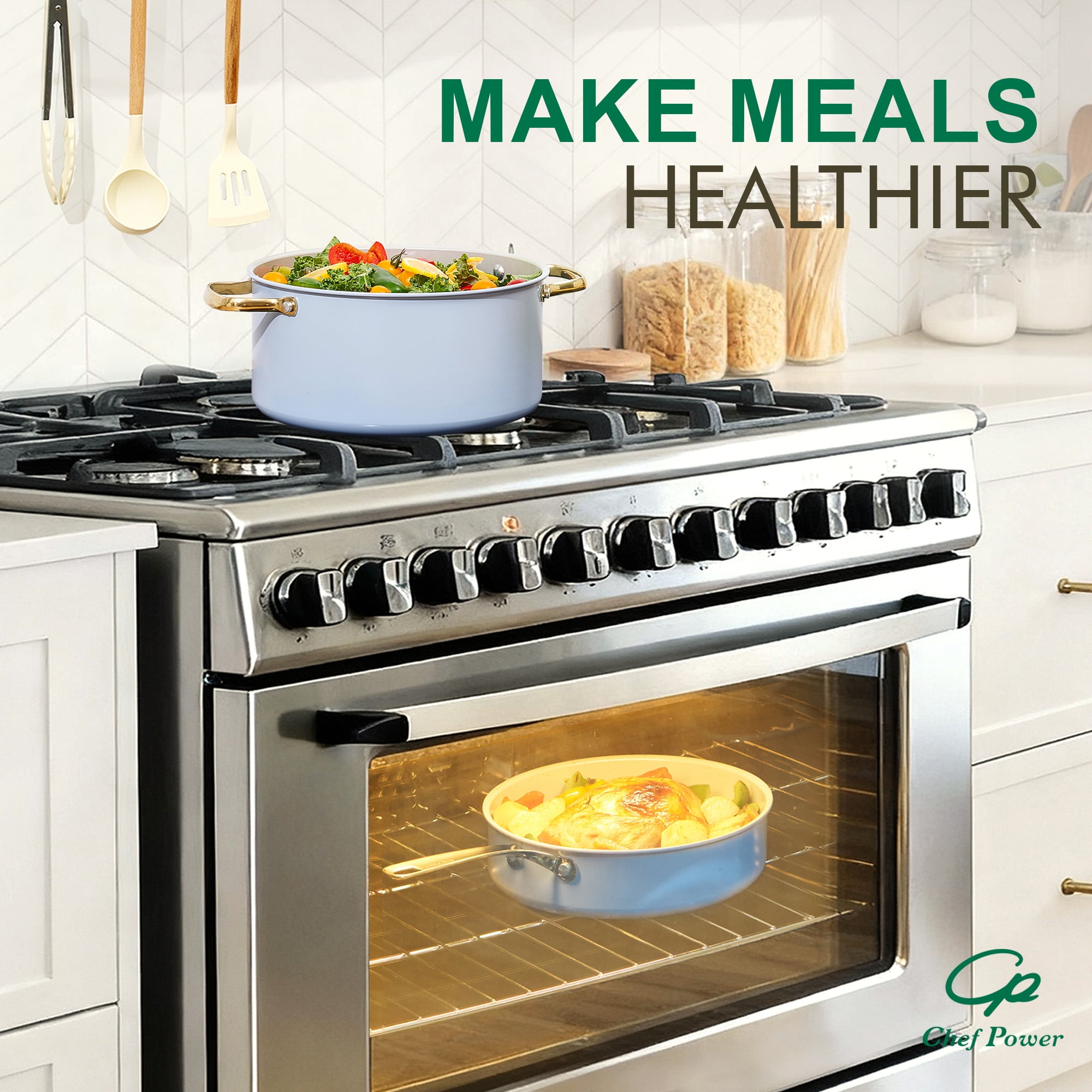 Chef Power 10 Pcs Ceramic Non Stick Cookware Sets, Pots and Pans Set with Stainless Steel Handle, Dishwasher and Oven Safe, Blue Gray with Light Gold Handle