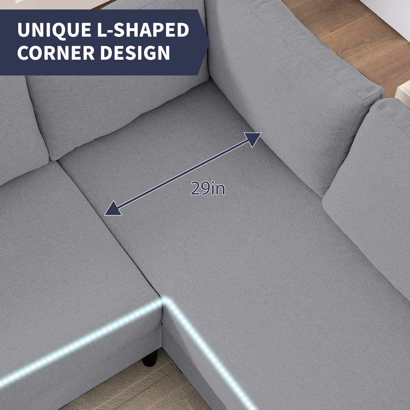 ZAFLY L-Shaped Couch, Sectional Corner Couches and Sofas with Linen Fabric for Living Room -  Light Grey