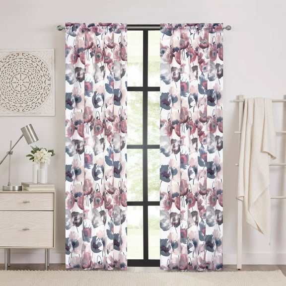 Achim Poppy Field Floral Rod Pocket Room Darkening Curtain Panel, Blue, 50" x 63"