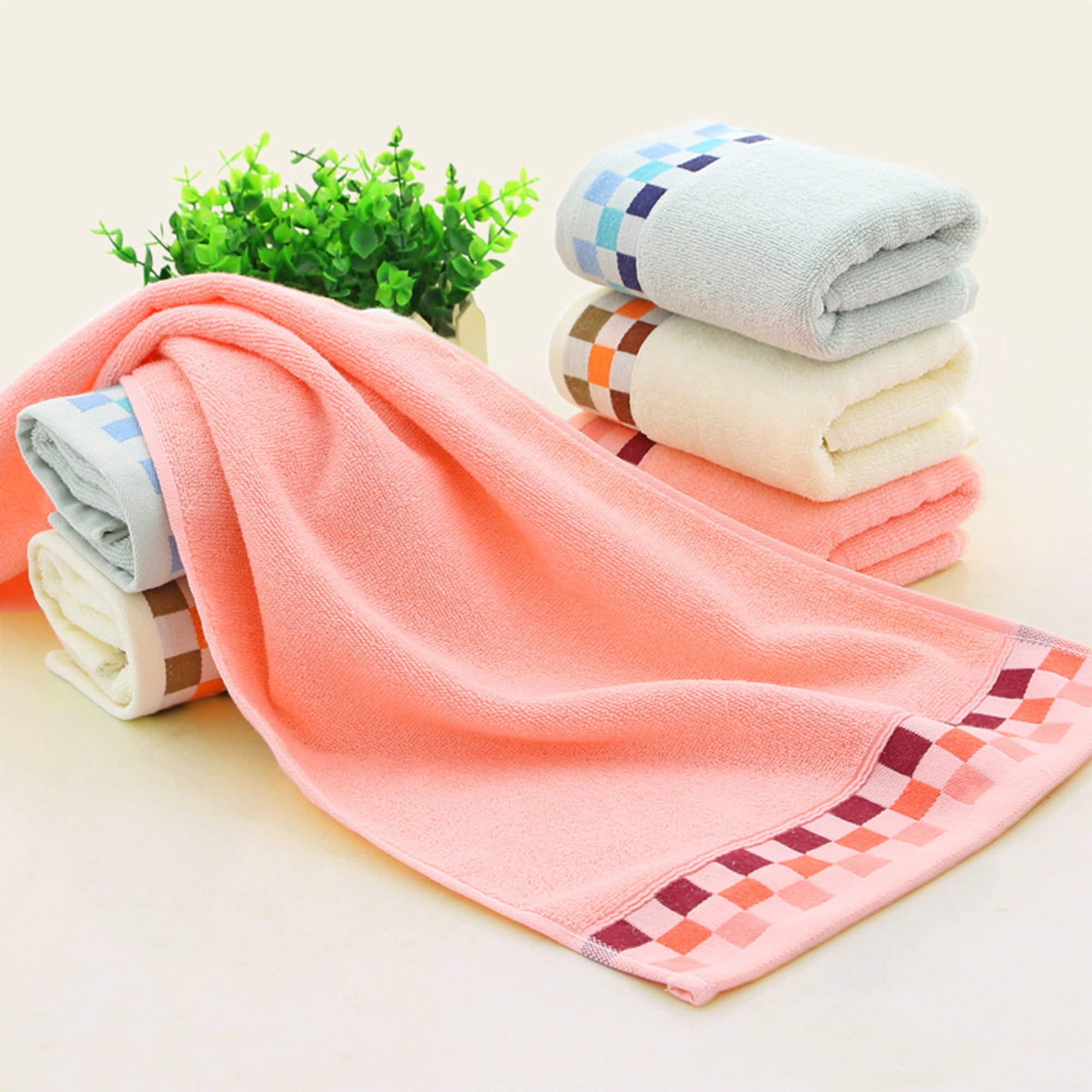 Unique Bargains Cotton Striped Absorbent Soft Hands Face Towel Light Green 2-Piece