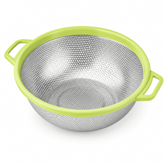 PLERISE Stainless Steel Colander with Handle and Legs, 5 Quart 10.5 Inch Mesh Strainer for Pasta Berries Veggies, Green, 1 Pack