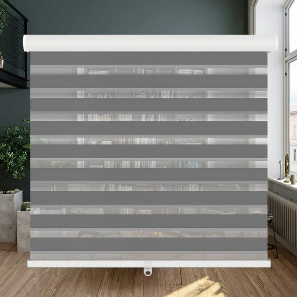 LUCKUP Stores Zébrées Sans Fil à Enrouleur pour Fenêtre - Double Couche, Voilage, Contrôle de la Lumière avec Cantonnière, Jour Nuit, Intimité, Tissu Filtrant la Lumière, 35 Pouces L x 72 Pouces H, Gris Foncé