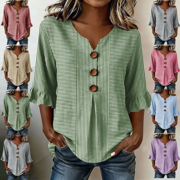LEKWK 3/4 Length Sleeve Womens Tops V Neck Button Ruffle Cuff Striped Casual Shirts Lightweight Loose Fit Comfy Summer Tops Fashion Beach Vacation Outfits
