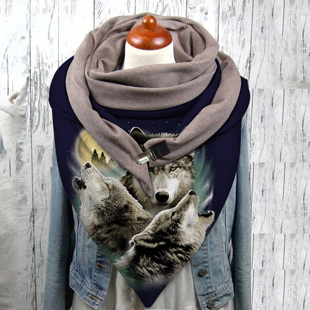 Dvkptbk Scarf Universal Spring Warm Windproof Wolf Prints Double-Layer Buckle Scarf Clothes on Clearance