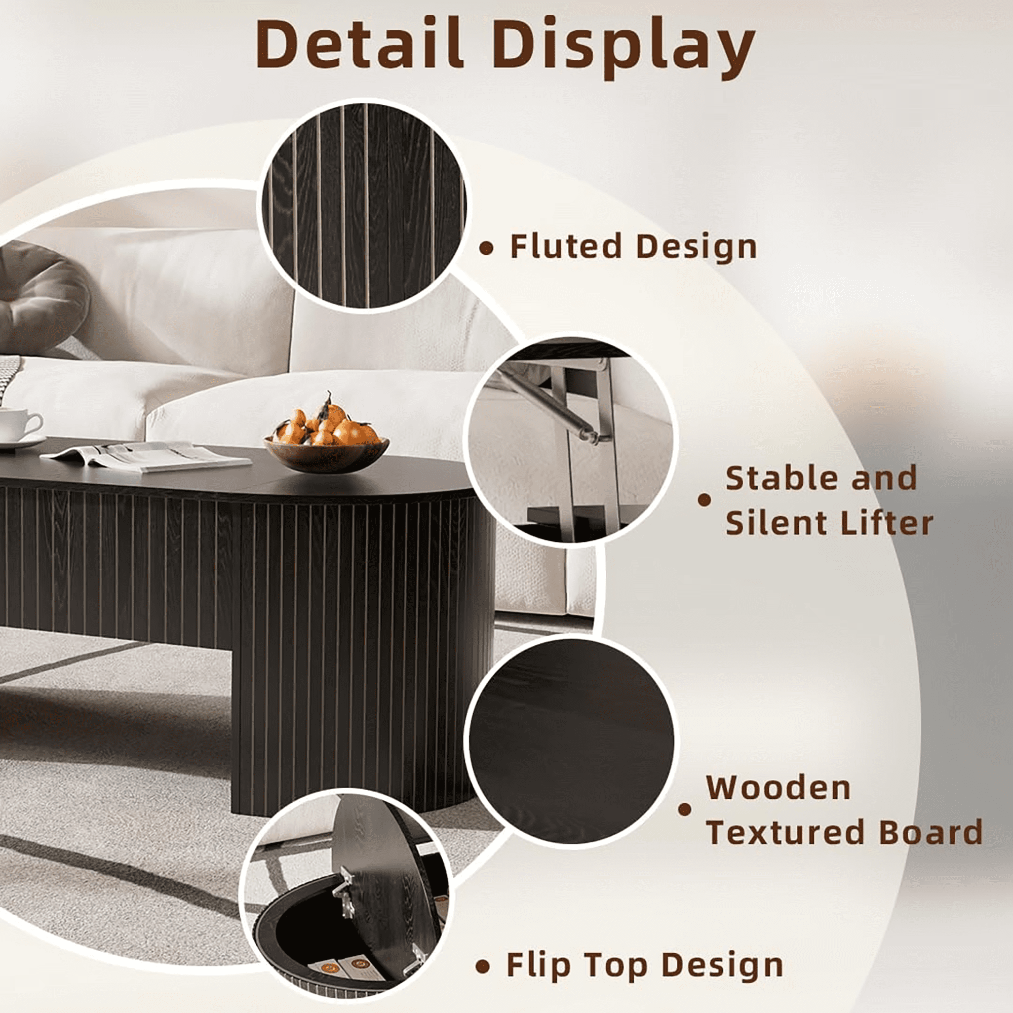 Diubas Oval Lift Top Coffee Table with Hidden Storage, Fluted Coffee Table Center Table for Home Living Room, Black