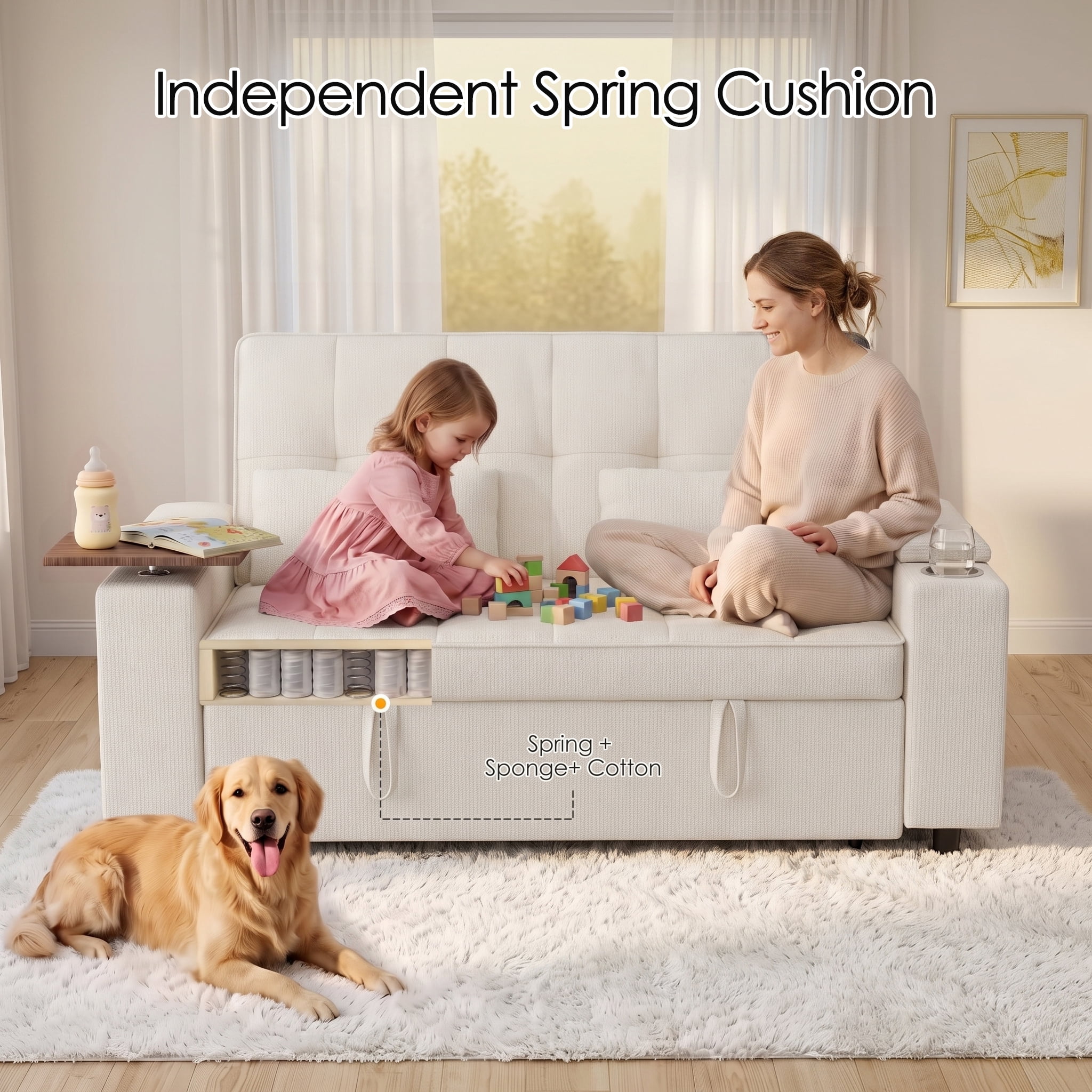 Xiweot 65" Sleeper Sofa Bed, 3-in-1 Convertible Chenille Futon Couch, Loveseat Sofa with Adjustable Backrest, Pull out Couch with Storage Armrest, Table & Pillows for Living Room Apartment (Beige)
