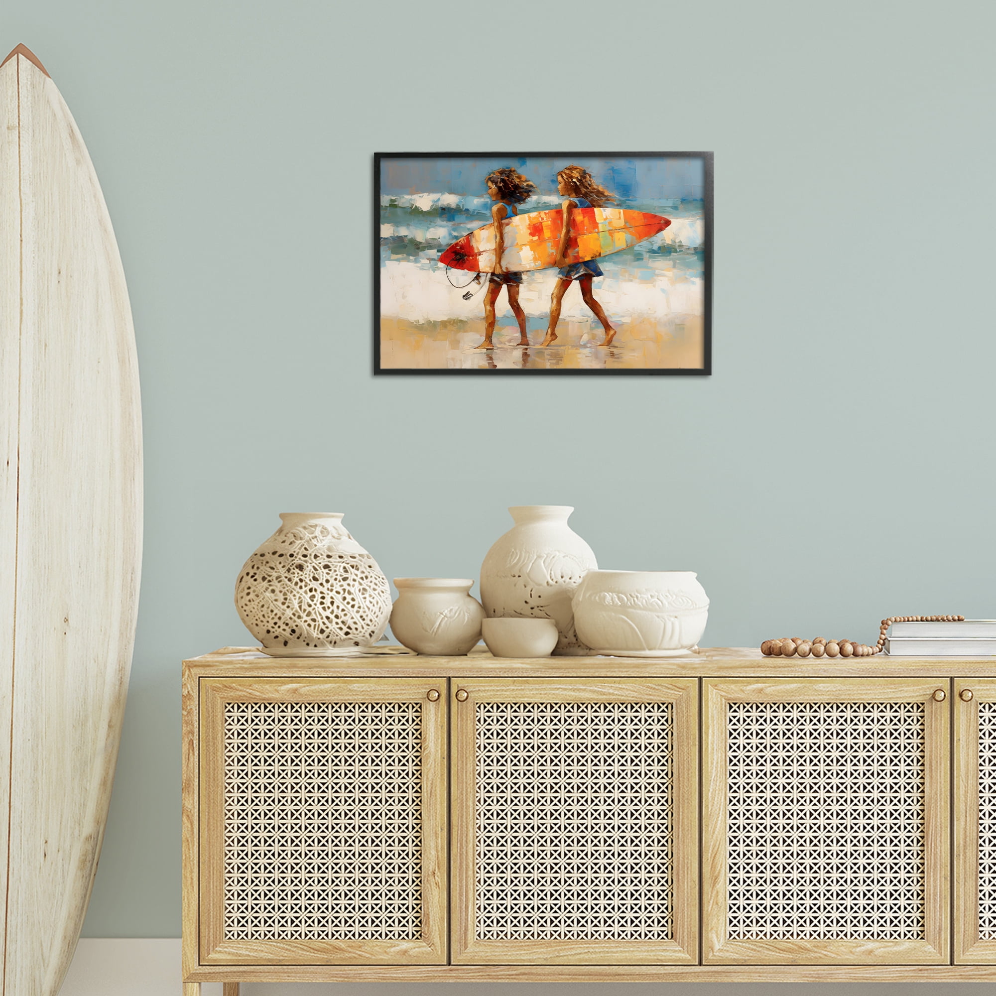 Stupell Industries Surfboard Kids Friends Sports Painting Black Framed Art Print Wall Art, 24 x 16