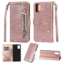 Dteck Case For Samsung Galaxy A51 4G (6.5 inches),Magnetic Bling Glitter Leather Wallet Case ,With Strap Card Holder Zipper Kickstand Cover,Rosegold