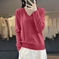 thumbnail image 2 of VSSSJ Womens V Neck Sweaters Loose Fit Soft Solid Color Long Sleeve Casual Warm Knit Fall Winter Base Layer Sweater Pullover Tops Hot Pink XXL, 2 of 7