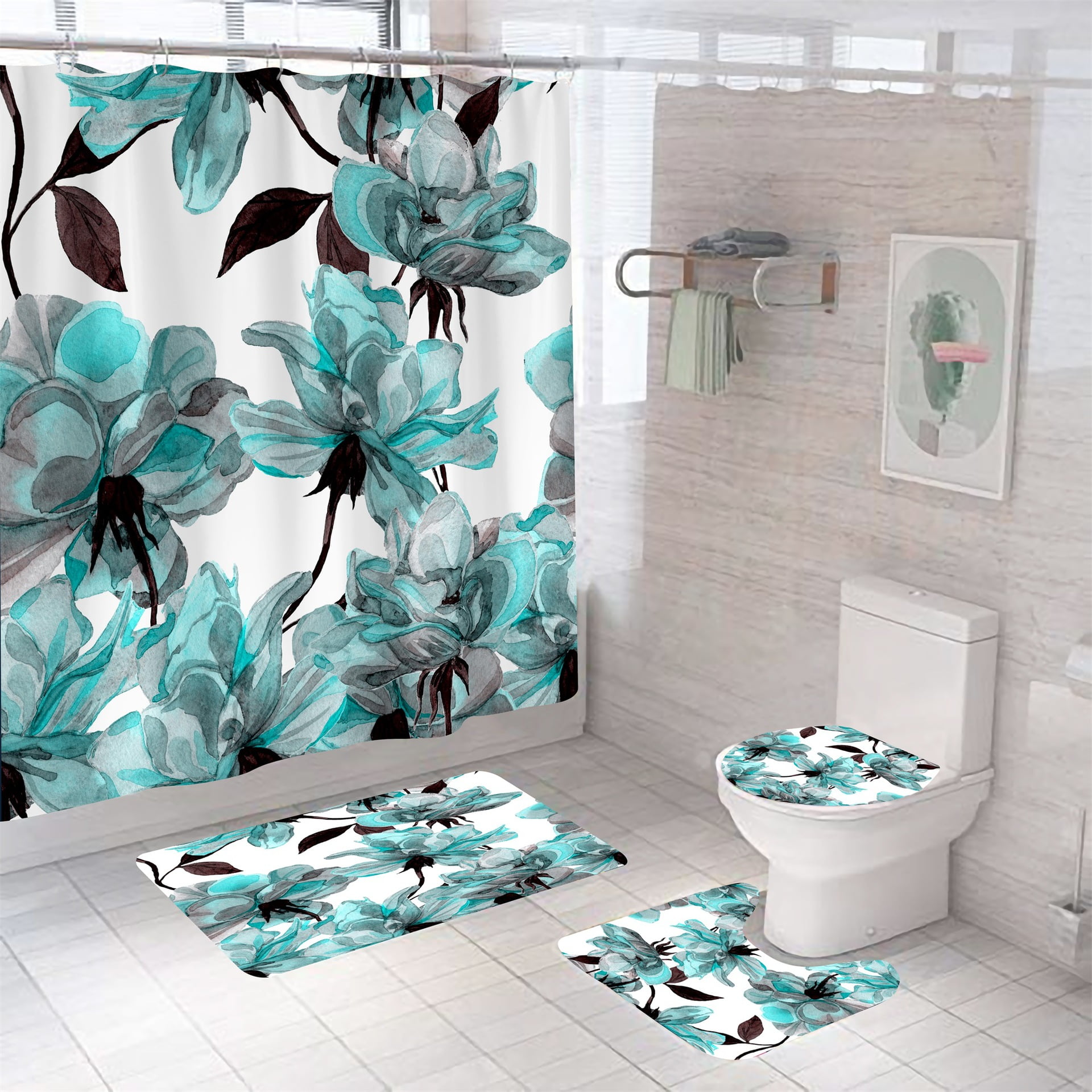 72" Tropical Flamingo Cactus Palm Leaf Fabric Shower Curtain Liner Bathroom Set 