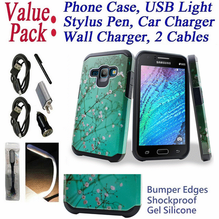 Value Pack Cables Chargers + for 4.5" Samsung Galaxy J1 2016 Express 3 Amp 2 ( LUNA ) Case Phone Case Hybrid Shock Proof Edge Slim Bumper Cover Blossom Teal