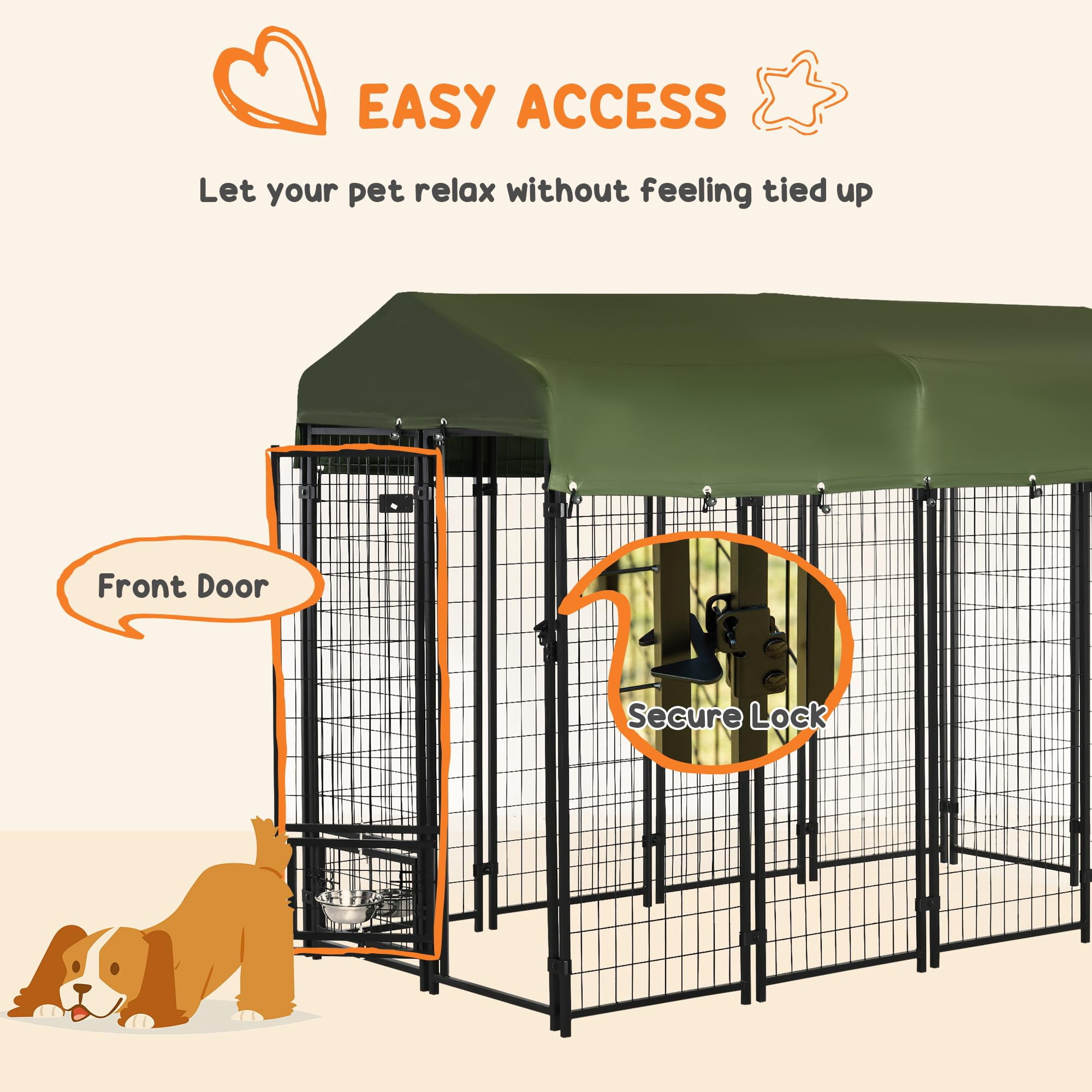 8x4x6 Feet Outdoor Dog Kennel for Small Medium Large Dogs, Heavy Duty Welded Wire Dog Run with 360° Rotating Bowls, Waterproof UV Resistant Cover, Secure Pet Playpen, Green