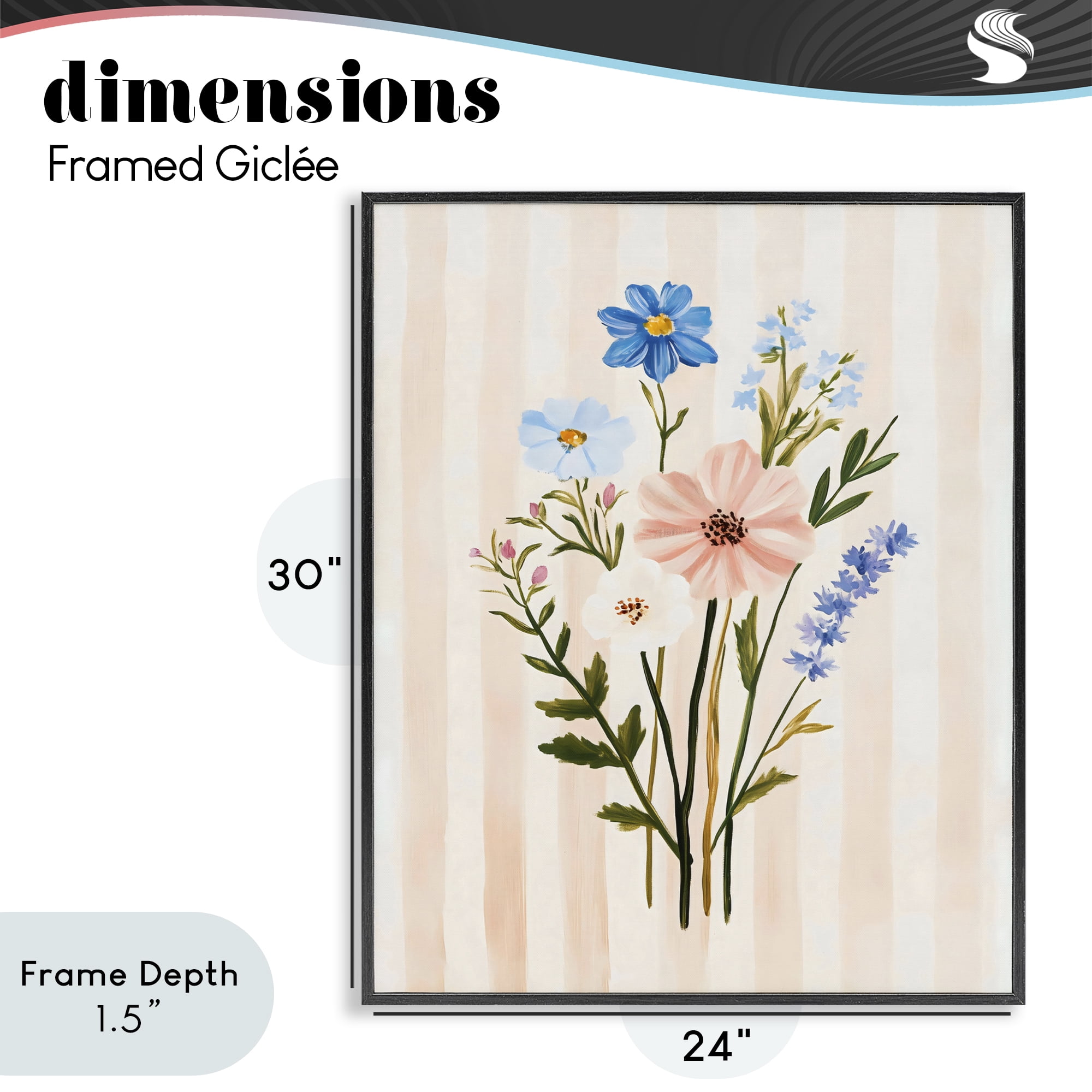 Stupell Industries Cream Stripe Florals Black Framed Giclee Art, design by The Prints Vibe