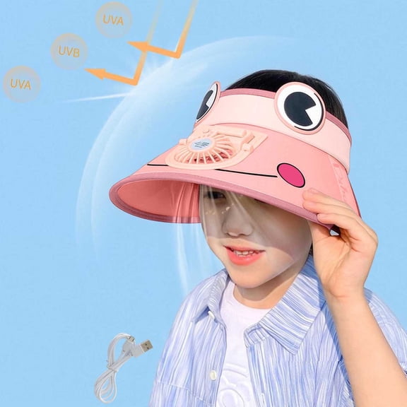 Jamicy Sun Hat for Kids Sun Visor Hat With USB Charging Fan, Cute Cartoon Design, Wide Brim Empty Top Sunhat for Boys Girls Outdoor