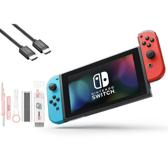 Pre-Owned Nintendo Switch - Neon Blue and Neon Red Joy-Con with HDMI Cable BOLT AXTION Cleaning Kit Bundle