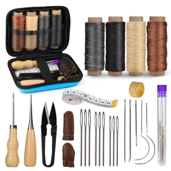 Leather Sewing Kit,Leather Stitching Kit,Leather Working Kit with Leather Needles,Sewing Awl,Waxed Thread,Leather Upholstery Repair Kit,Sewing Tools for Hand Stitching DIY Leather Craft