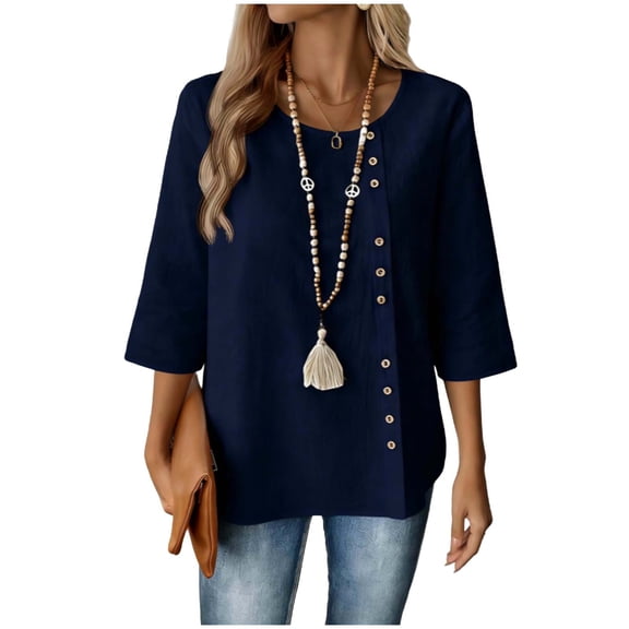 VEKDONE Womens Tops 3/4 Length Sleeves Work Blouses Summer Button Down Crewneck Shirts Solid Color Loose Fit Casual Shirts Fashion Clothes Navy XXXL