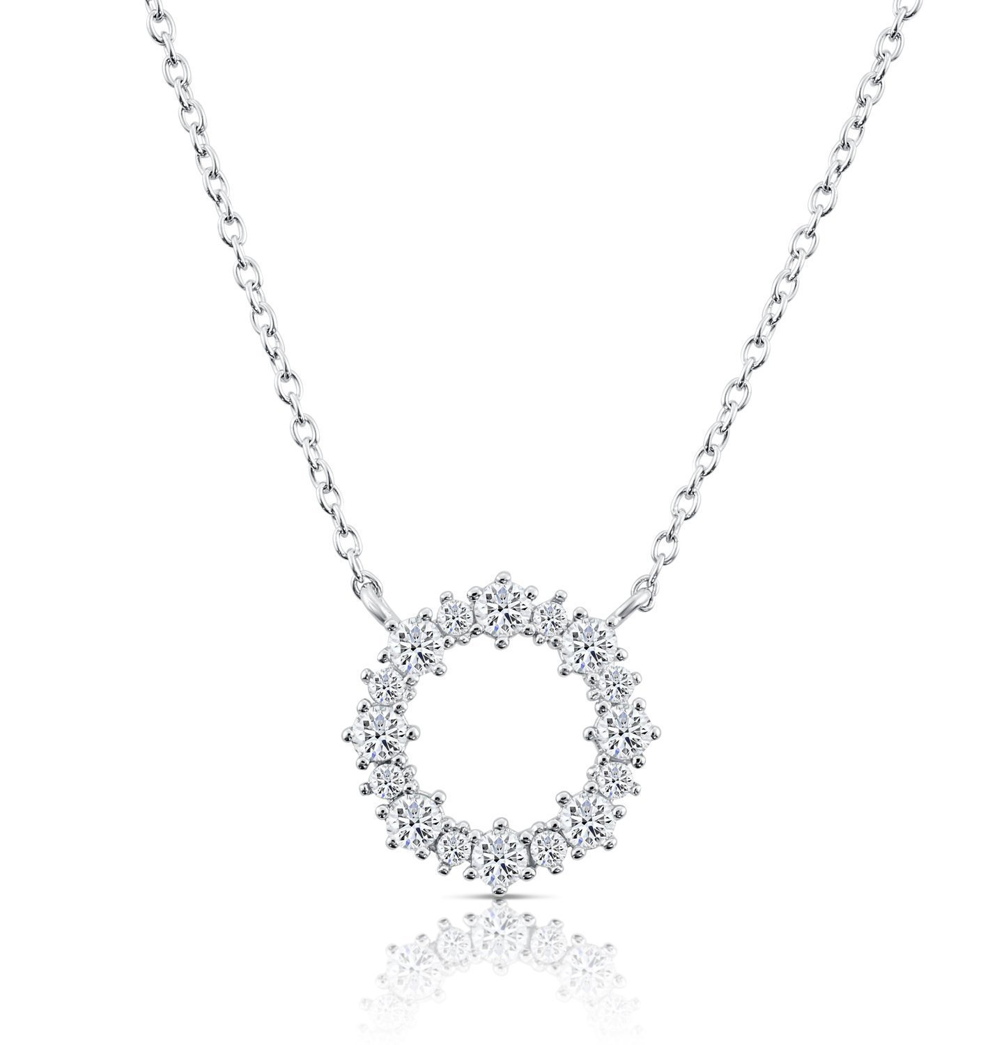 Tilo Jewelry Sterling Silver Classic Round Halo CZ Necklace - 18 inch - Women, Girls