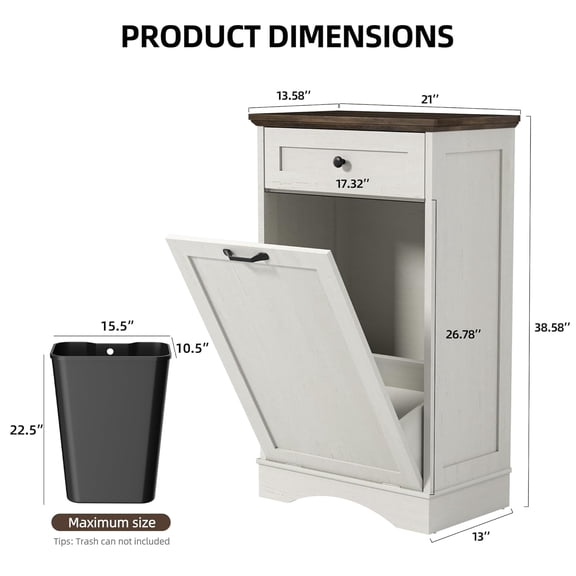 13 Gallons Tilt Out Trash Cabinet Hidden Trash Can Cabinet Freestanding Garbage Recycling Cabinet with Hideaway Drawer Pet Proof Trash Bin for Kitchen Living Room, Antique White
