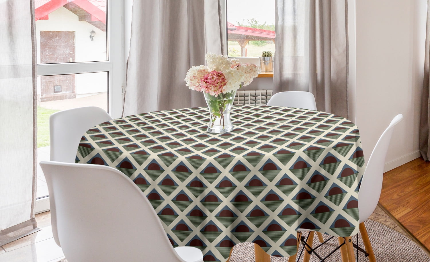Retro Round Tablecloth, Pop Art Style Funky Half Circles Geometric