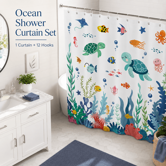 MORAVE 72x72 Inch Waterproof Polyester Shower Curtain, Underwater World Turtle Fish Coral Pattern, with 12 Hooks for Bathroom Decor