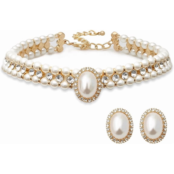 Terandius Faux Pearl Choker Necklace and Earrings Set for Women, Gold Plated Rhinestone Statement Jewelry, Adjustable 13 3 Inch, Gift for Mom Wife
