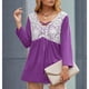 thumbnail image 4 of Top informal para mujer, manga larga, cuello en V, costura de encaje, diseño plisado, Top delicado y lindo para mujer, Top de otoño púrpura M, 4 of 6