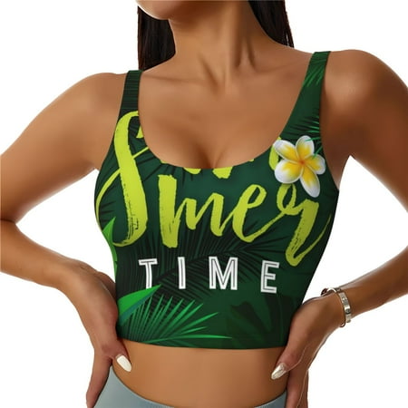 Qokaie Tropical Summer Vibes Pattern Womens Scoop Neck Sports Bra Breathable Workout Vest Padded U Back Medium Impact Fitness Gym Yoga Bra Workout Crop Top-XX-Large
