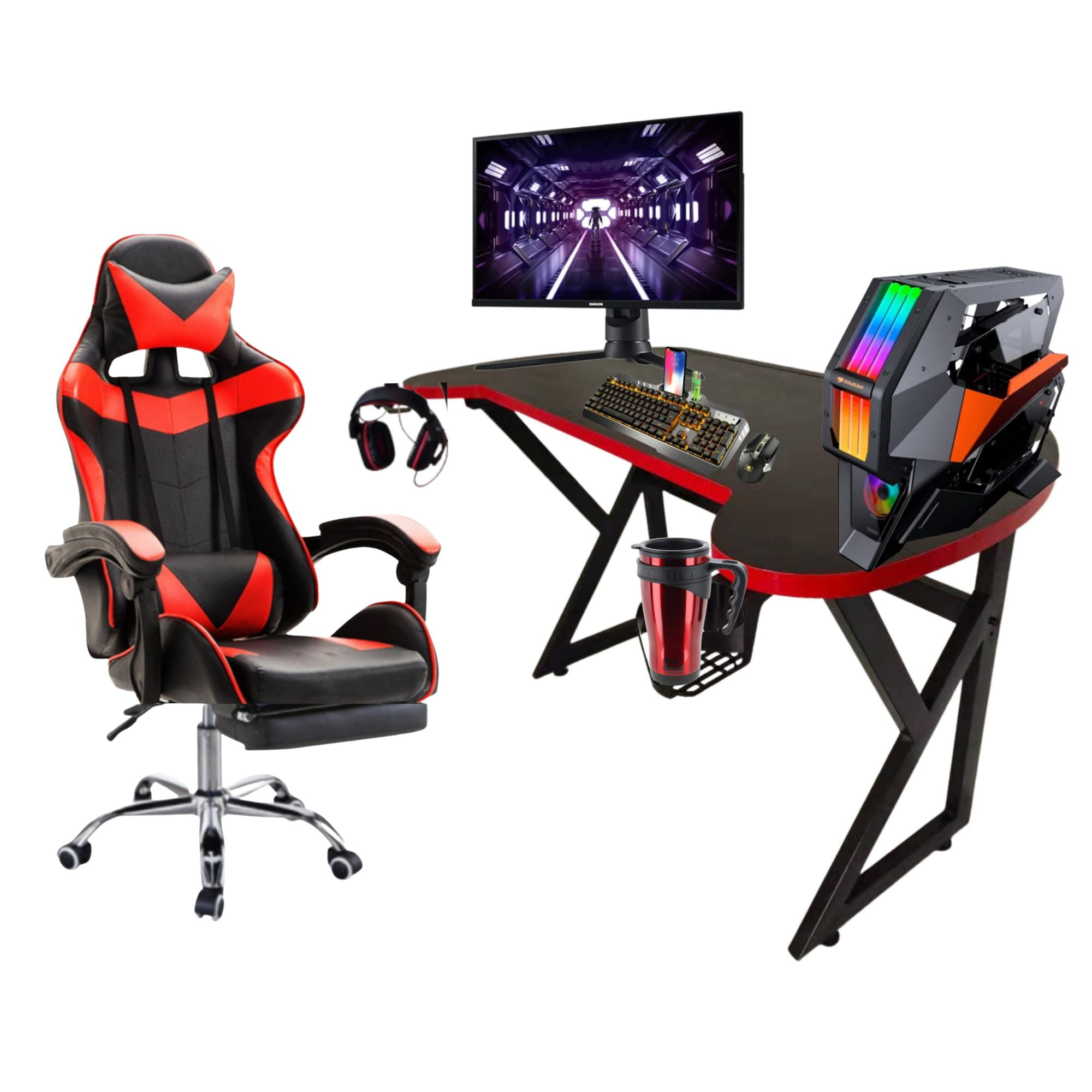 Escritorio Gamer U Rojo Patas De Fierro 140 Cm Con Luz Led