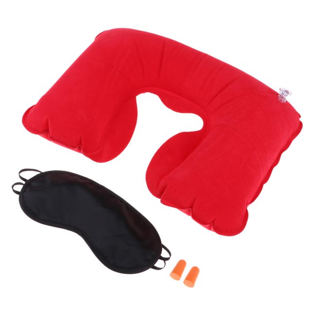 Almohada infble en U, cojín de aire para el cuello + tapones para los oídos con canceción de ruido + 红 Macarena Almohada inflable al aire libre