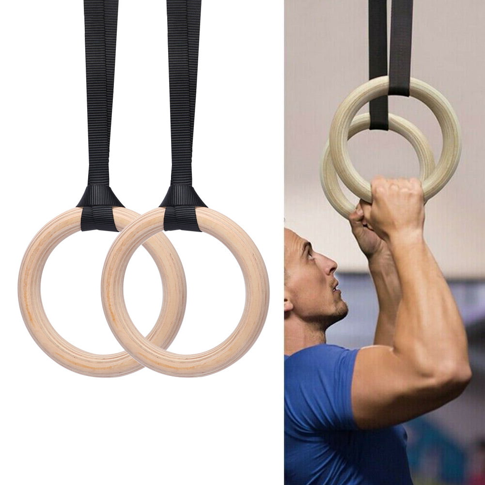 Wooden Gymnastic Rings with Straps Fitness Training Strength Home Workout 