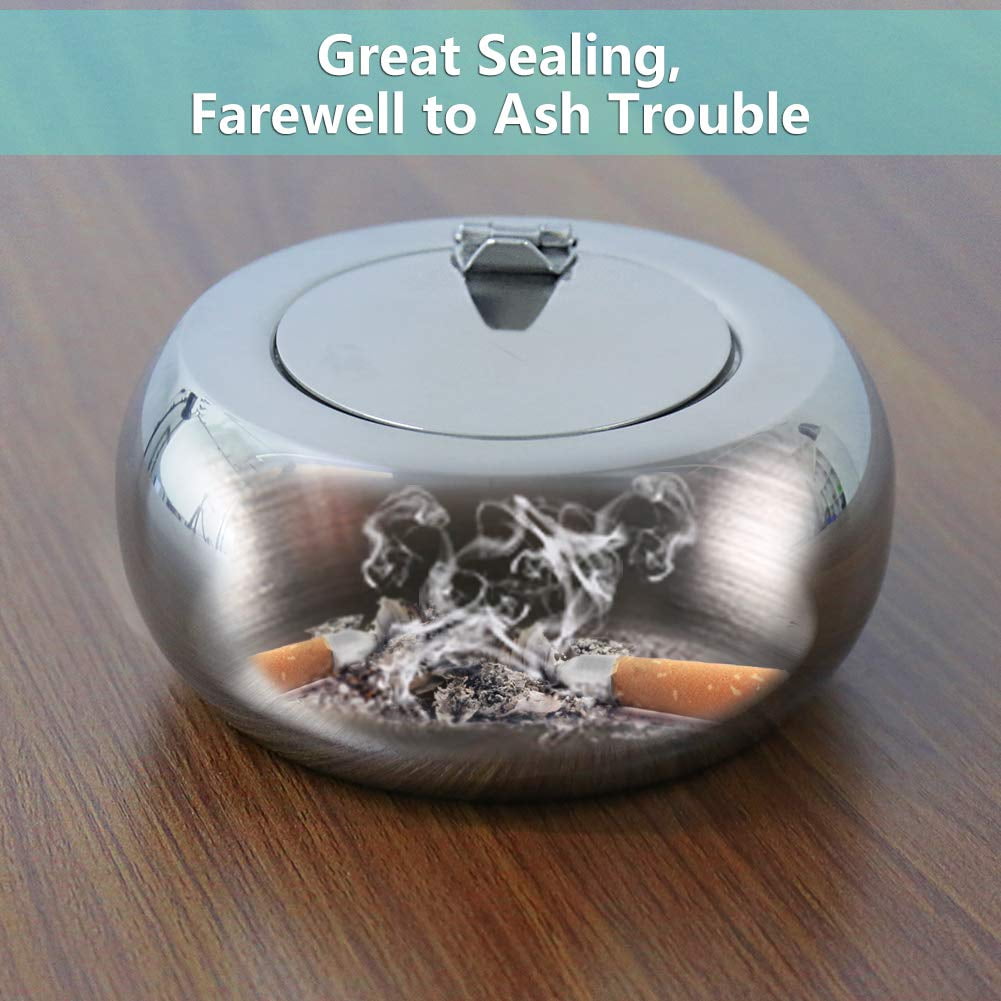 Windproof Ashtray with Lid Newness Stainless Steel Modern Tabletop Ashtray for Outdoor or Indoor Use Desktop Smoking Ash Tray for Home Office Decoration