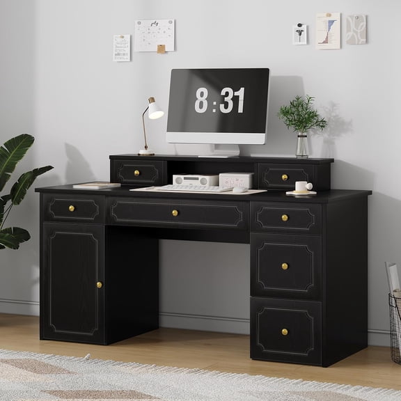 Catrimown Black Computer Desk with 7 Drawers & Storage Cabinet, 54 Inch Modern Writing Study Workstation, Vanity Desk with Golden Handles, Multifunctional Furniture for Bedroom Home Office